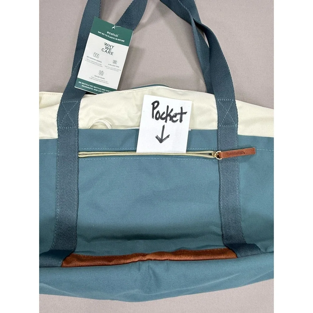 ECOHUB Tote‎ Bag Women Blue Beige Pockets Recycle Medium Canvas Travel Zip Work